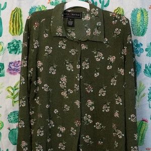 Olive green floral button down M